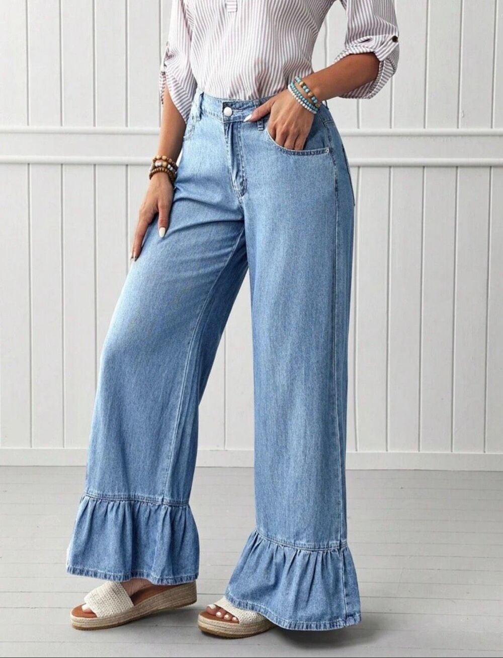 Light Wash Wide Leg Jeans Womens Ruffled Hem High Rise Denim Pants Trendy - Picture 6 of 8